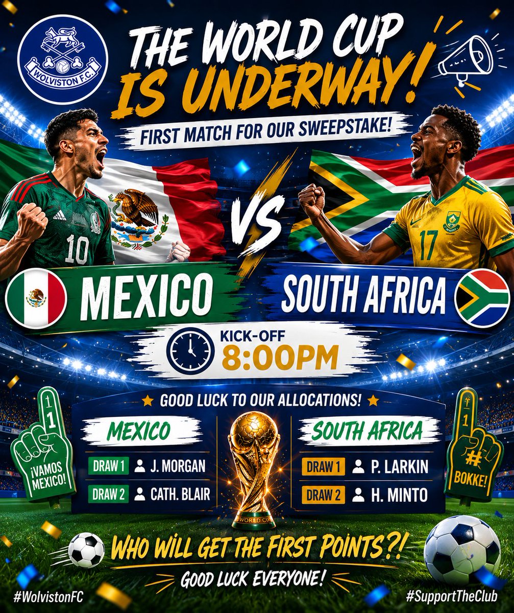 wolvoworld's tweet photo. ⚽🌍 IT'S TIME! 🌍⚽

The World Cup is officially underway for our sweepstake entrants!

Who will get the first points on the board? 👀

Good luck to:
🇲🇽 Mexico –  @Jae_MW &amp; C. Blair (@steve18blair)
🇿🇦 South Africa – @PaulLar47143055 &amp; H. Minto https://t.co/14OIuvbQpu