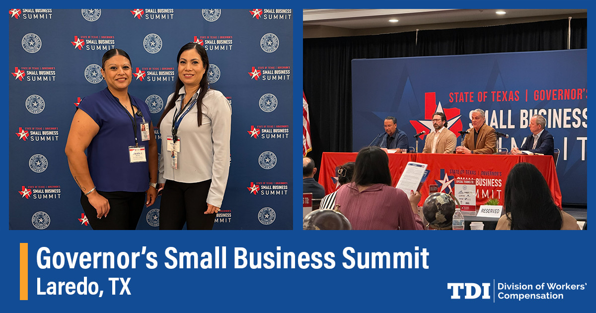 TexasDWC's tweet photo. 💼DWC staff are at the governor's Small Business Summit in Laredo today to educate employers on workers' compensation.

Couldn't attend? Our resources are always available online: https://t.co/ZDCgThRywA

#SmallBiz #TexasBusiness #SmallBusinessSummit https://t.co/aW0loa6xiW