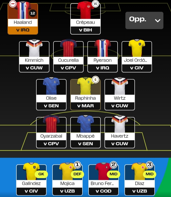 FPL_James's tweet photo. This is my #WCFantasy team for Round 1.

Chip: 12th Man
In the bank: $1.0m https://t.co/polW4AUkqI