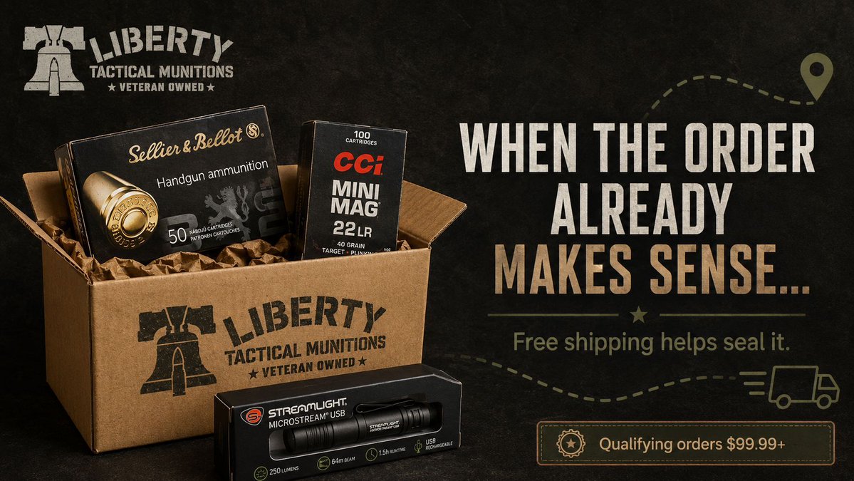 LTMunitions's tweet photo. The best time to use free shipping is when the order already makes sense on its own. 

#LibertyTacticalMunitions #VeteranOwned #TexasBased #AmmoAndGear #Preparedness #StandardsDriven #BuiltOnTrust #GearOrganization https://t.co/Y6n0yZCWMf