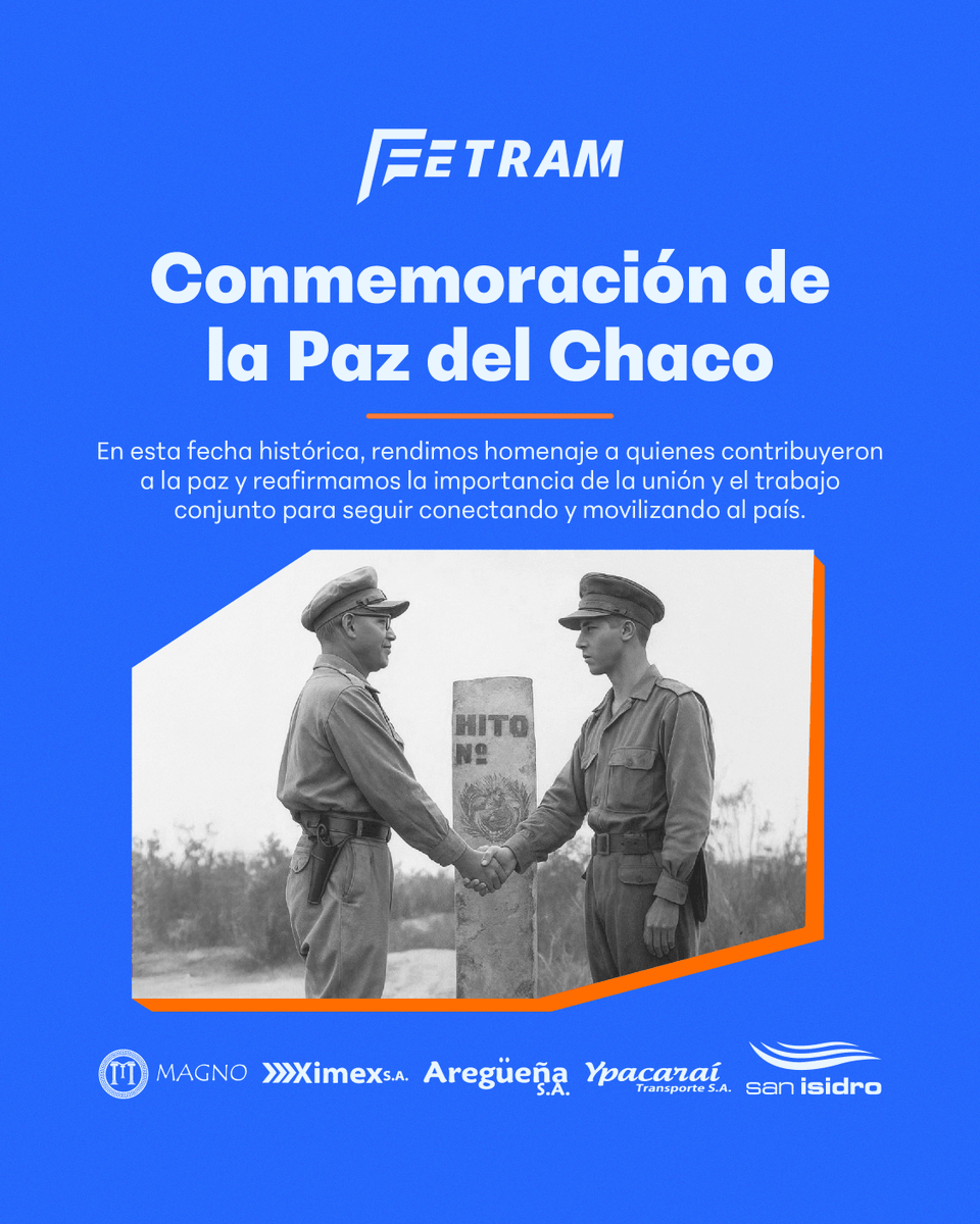fetram23's tweet photo. Recordamos el Día de la Paz del Chaco, una fecha que nos invita a reflexionar sobre la importancia del diálogo, la cooperación y el trabajo conjunto para el desarrollo del país.

Reafirmamos nuestro compromiso de seguir impulsando iniciativas que contribuyan al fortalecimiento🚍 https://t.co/Bh3S7b9glw