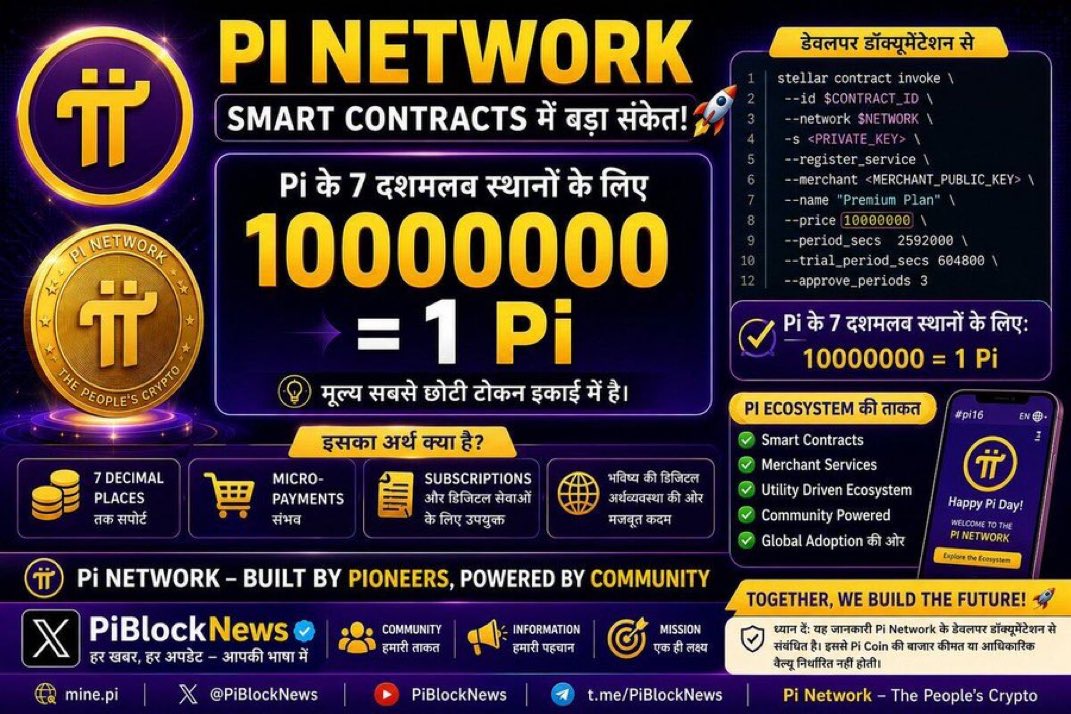 thisisnosaa's tweet photo. Pi Network's smart contract reveals that 10,000,000 smallest units = 1 Pi. This confirms Pi supports 7 decimal places, enabling micropayments, subscriptions, merchant services, and a scalable utility ecosystem. 🌐🚀

Follow @thisisnosaa https://t.co/ReK5ayEMBe