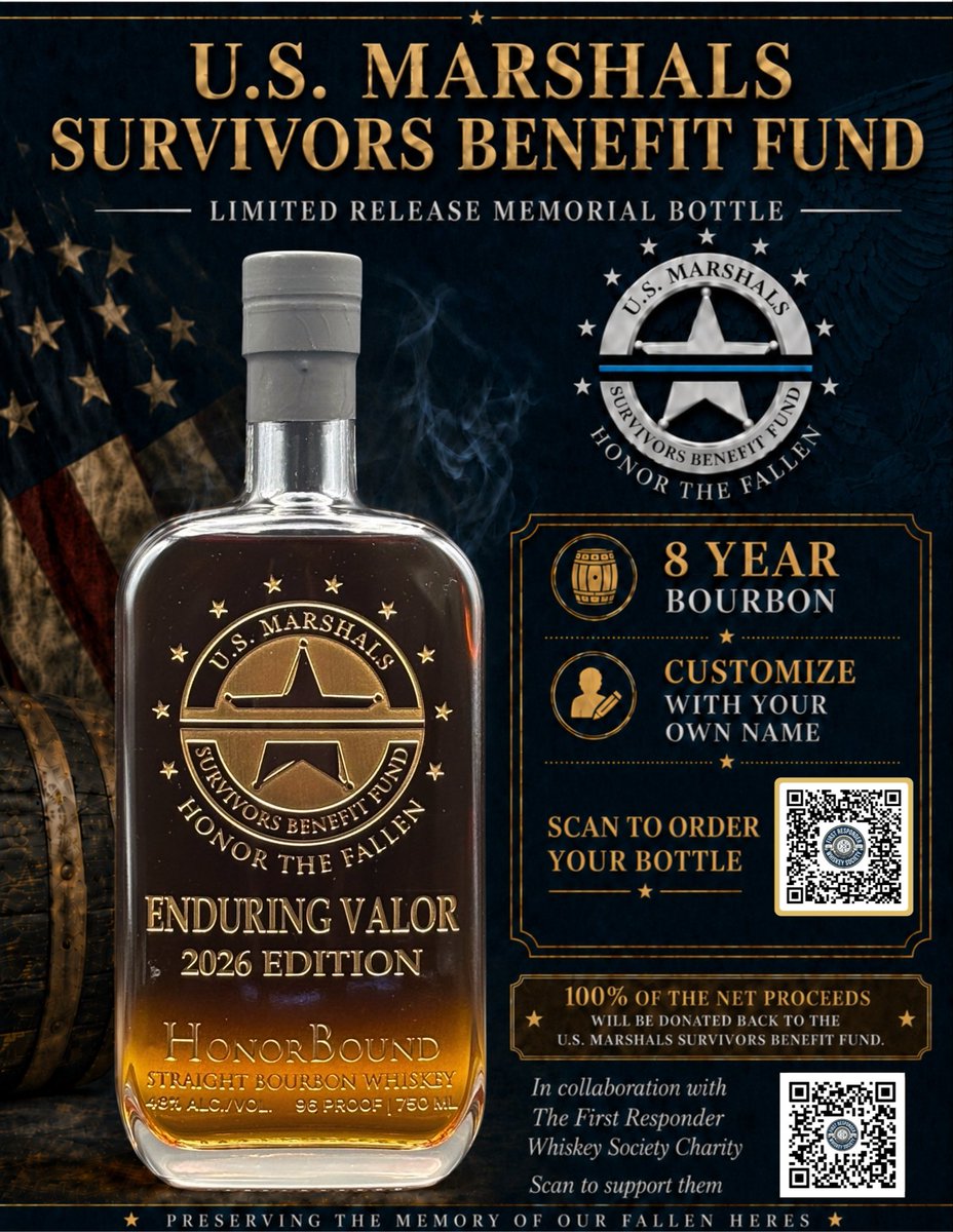 USMarshalsFund's tweet photo. Today, we are introducing the 2026 Enduring Valor Whiskey to raise funds for the U.S. Marshals Survivors Benefit Fund. Through a partnership with the First Responder Whiskey Society, the whiskey will be sold for $149.99 plus $25.00 shipping. New this year is the opportunity to personalize a bottle with a name and title. The good news is that personalization is absolutely FREE! 

The weblink for purchases is:  https://t.co/4lYLhmjE5Z

This is an excellent opportunity to purchase a personalized gift for yourself or someone else and support the Fund. 100% of the net proceeds will be donated to the Fund by the First Responder Whiskey Society. Honor the Fallen.