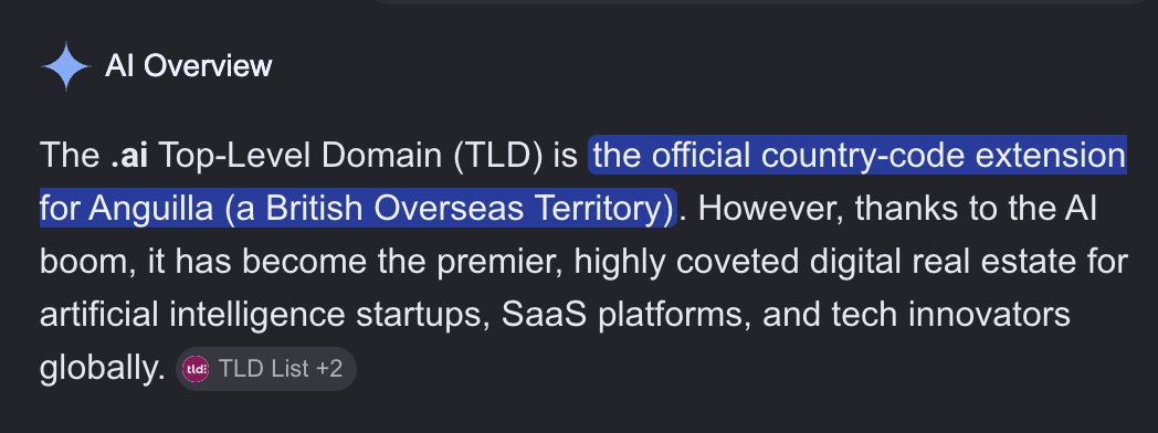 tmuxvim's tweet photo. fun fact when you pay six figures for that .ai domain name, you're buying it from Anguilla - a 35 square mile island with a population of about 15,000. https://t.co/cD6MfGDfjV
