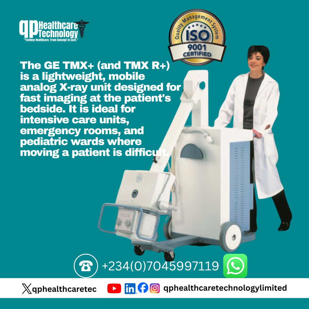 qphealthcaretec's tweet photo. The #GE TMX+ (and TMX R+) is a lightweight,mobile analogue X-ray unit designed for fast imaging at the patient's bedside. It is ideal for intensive care units, emergency rooms, and pediatric wards where moving a patient is difficult.

Key Specifications
Power: 30 kW #XrayMachine https://t.co/fcdlPS8JTb