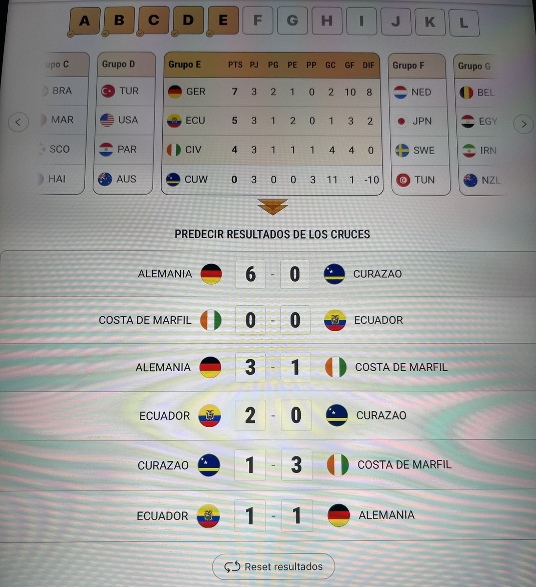 brandonH___'s tweet photo. Comparto mis resultados del Mundial 2026 (Grupos E,F,G y H) https://t.co/l66EPiJiDG