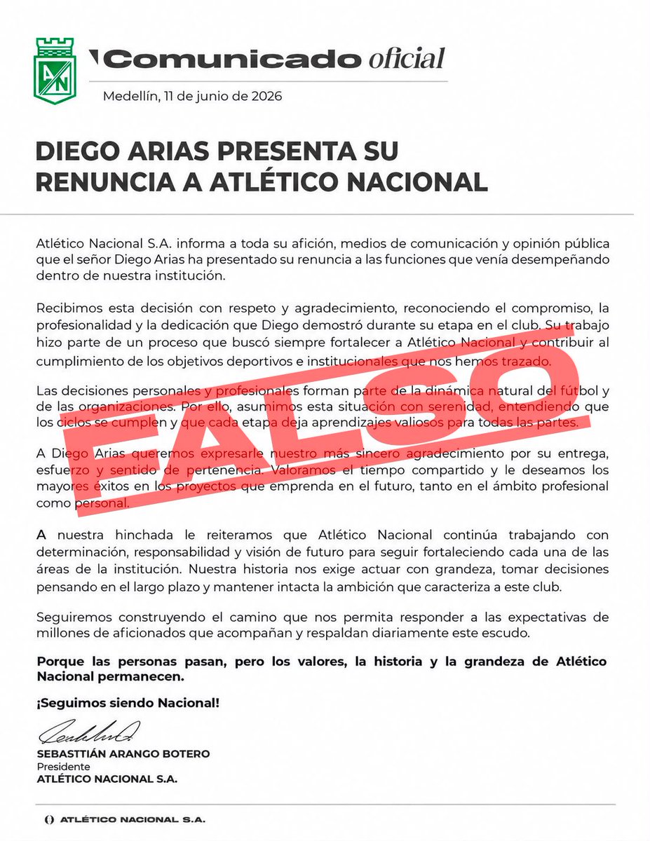 nacionaloficial's tweet photo. Información falsa. 

Cualquier novedad de nuestra institución será informada únicamente por nuestros canales oficiales. https://t.co/S561muxXHD