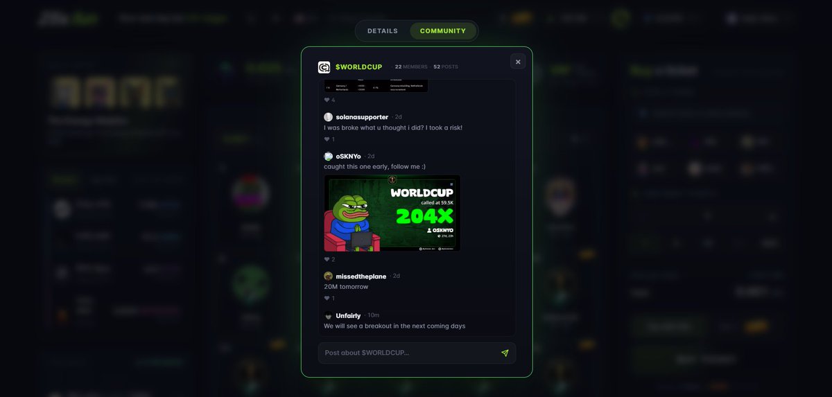 25xdotfun's tweet photo. A good example of a @CoinComms use case.

A token that has made a lot of noise these past few days is $WORLDCUP. Yet, there's no Telegram or Discord link on @dexscreener. Nothing on their website either.

Holders can exchange messages on CoinCommunities without any permission. The only thing you need is the CA. You can also read reviews directly from 25xdotfun.