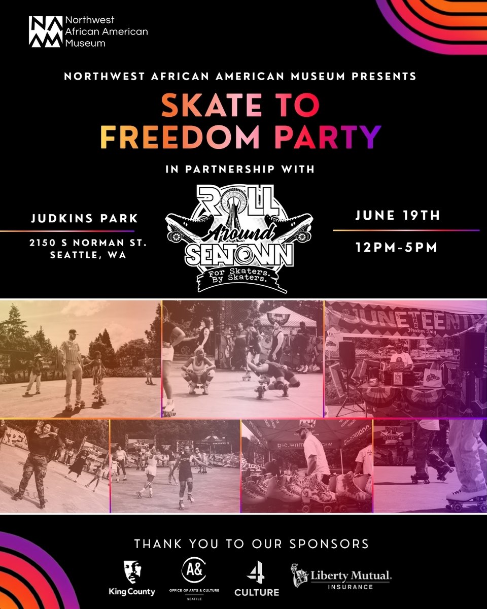 naamnw's tweet photo. 🛼 Skate to Freedom is back!

Join us at Judkins Park for skating, music, and community as part of NAAM's Juneteenth celebration, The Sound of Connection.

In partnership with Roll Around Seatown.

📅 June 19
⏰ 12 PM–5 PM
📍 Judkins Park

Free and open to the public! https://t.co/qlFHhosTOP