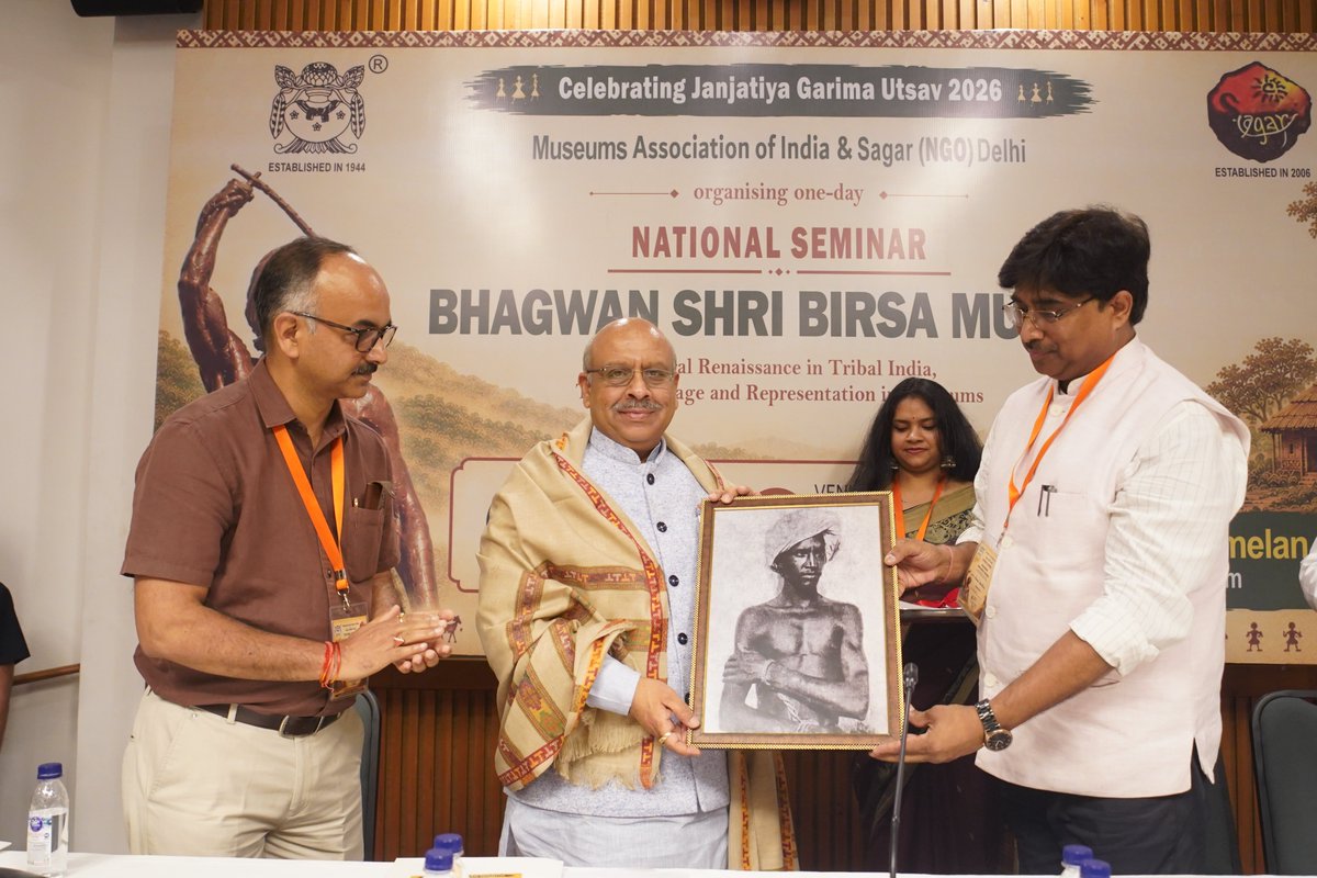 MAI_1944's tweet photo. On 6 June 2026, MAI &amp; Sagar NGO held a National Seminar on Birsa Munda at IIC Delhi, honoring his legacy with scholars, dignitaries &amp; heritage enthusiasts during Janjatiya Gaurav Varsh. #museusassociationofindia #sagarngo #govtofdelhi #birsamunda150 #DhartiAba #hotwarmuseumranchi https://t.co/BiEHuAzM9R