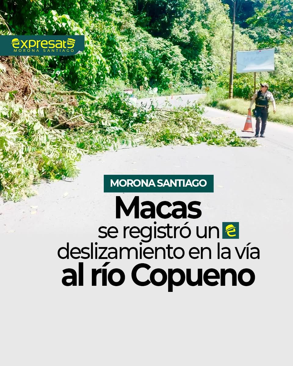 ExpresateMS's tweet photo. [VIALIDAD] COMUNIDAD: #MoronaSantiago, se registró la caída de material hacia la vía, en la salida desde la ciudad de #Macas, sector río Copueno ⚠️

El Ecu 911 informó alrededor de las 11:00 de este jueves 11 de junio del 2026, que se reportó a la #LíneaÚnicaParaEmergencias 9-1-1 una alerta de un deslizamiento de tierra en el sector del monumento de la Virgen, en la bajada al puente sobre el río Copueno.

La entidad coordinó la atención del evento con Policía Nacional y Gestión de Riesgos. 

Conduzca con precaución por el sector.