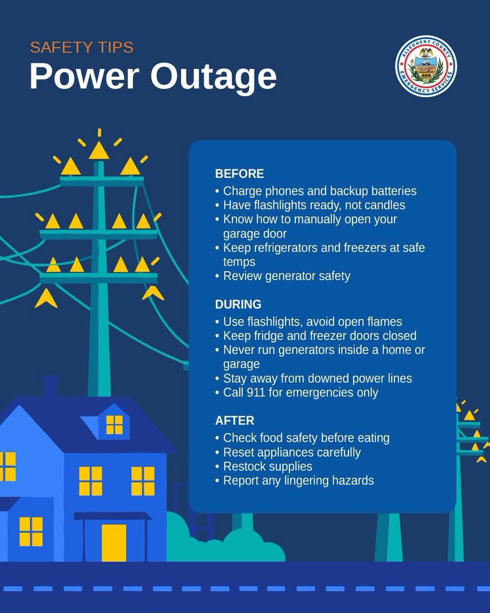 ACES_911's tweet photo. County 9-1-1 is receiving multiple reports of downed power lines and trees throughout Allegheny County. Please be alert to changing conditions. If a traffic signal is out, treat it like a four-way stop. Do not attempt to move objects blocking the road. Call 9-1-1 for emergencies. https://t.co/bTr8ZlXnKy