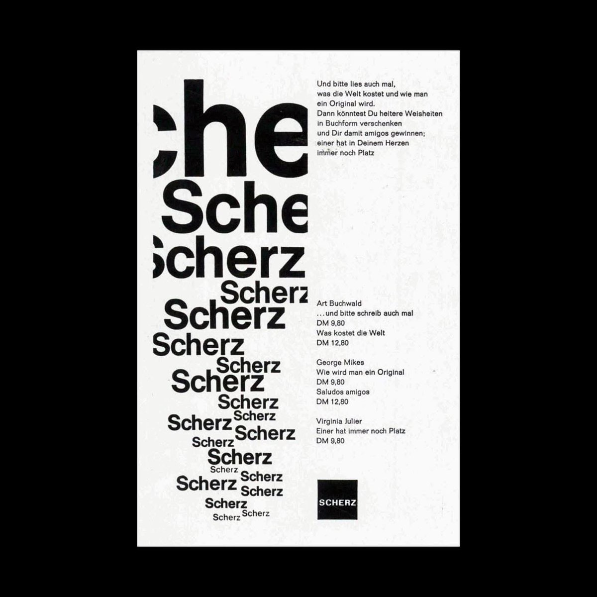DesignReviewed's tweet photo. Anton Stankowskis design work for Scherz-Verlag, 1965. Scanned from Anzeige Inserate. Eine Übersicht der Arten und Möglichkeiten. Zusammengestellt von Stankowski und Partners, 1976. https://t.co/sookvrpbJD #antonstankowksi  #typography https://t.co/GI92jCGXQ9