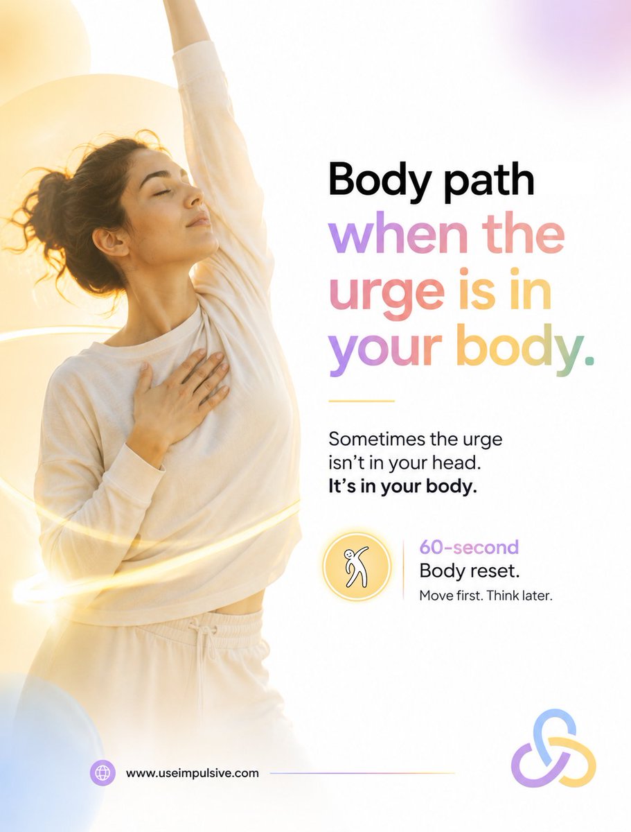 useimpulsive's tweet photo. Body. Path 2 in Impulsive.

Sometimes the urge isn't in your head. It's in your body.

Mind work doesn't reach that. Movement does.

60 seconds. Move first. Think later.

https://t.co/YgYTNQMmCa

#BodyReset #MovementMatters #MentalWellness #HolisticWellness #SomaticHealing https://t.co/GsebykmkR7