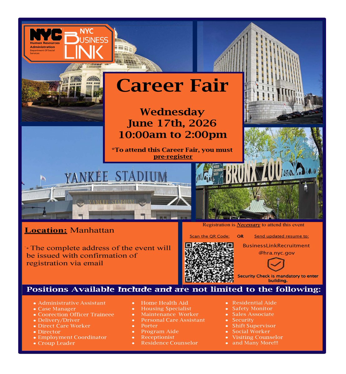 NYCDHS's tweet photo. DSS Job Seekers: Join the HRA Business Link Career Fair!

📅 Wed, June 17, 10 am–2 pm

📍 Manhattan

Hiring for: Case Managers, Housing Specialists, Security, Retail, Maintenance &amp; more. Don't miss out on these vacancies! #NYCJobs #CareerFair https://t.co/EqCW98dKc9