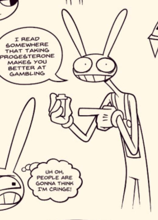 mothpossum's tweet photo. jax literally takes progesterone in one of goose's drawing, why would someone who's transmasc do that https://t.co/PgnQaTfuwf