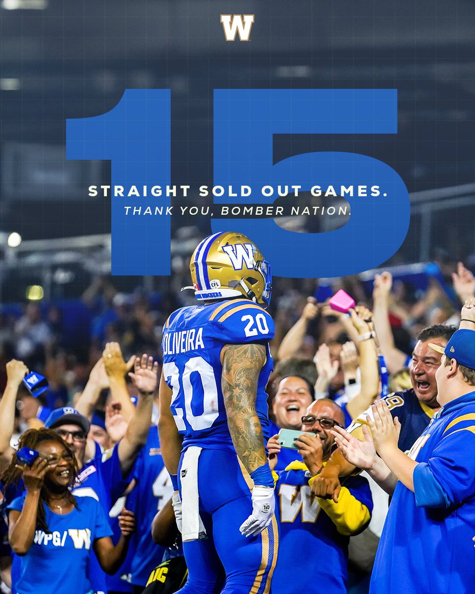 Wpg_BlueBombers's tweet photo. BOMBER NATION, YOU DID IT ‼️ 15-STRAIGHT 🤬 SOLD OUT GAMES! 

The weather is clearing just in time, get down here for a damn good time. 

We'd also be remiss if we didn't mention our next home game in two weeks 👀👀

#ForTheW https://t.co/awNVPI3vFr