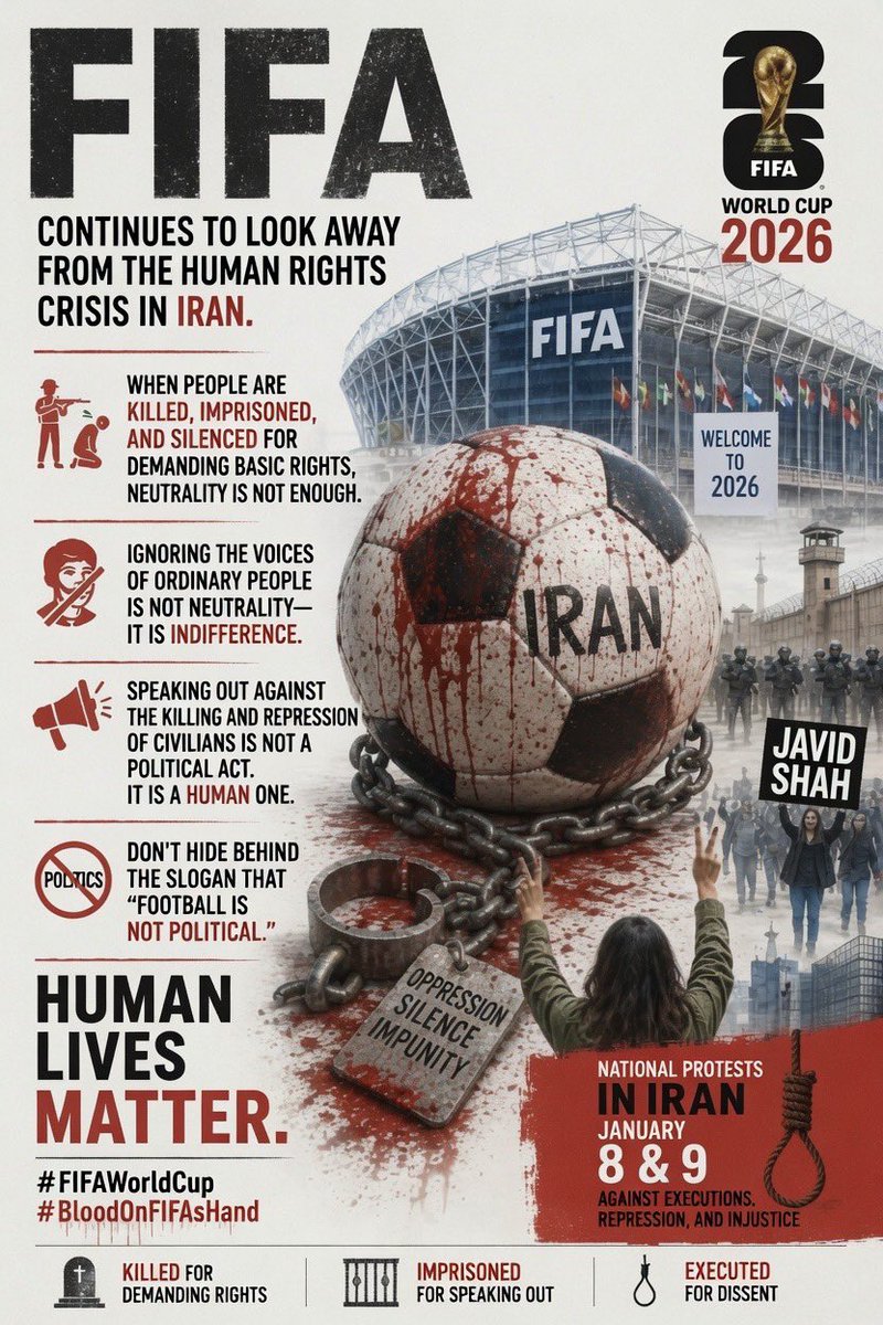 Sohheiill's tweet photo. FIFA’s continued silence on Iran’s brutal human rights abuses is indefensible.

While people are executed, tortured, and imprisoned for simply demanding freedom, “neutrality” is just cowardice with better PR.

Opposing executions isn’t politics.
Defending basic human dignity isn’t politics.

It’s the bare minimum of humanity.
Stop looking away.

#MEXRSA
#BloodOnFIFAsHands

@FIFAcom
@FIFAWorldCup