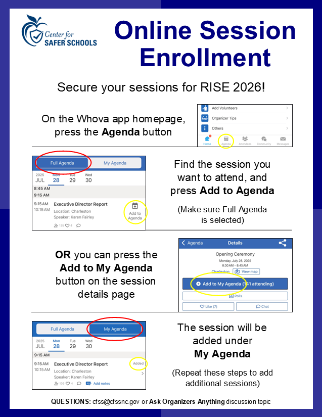 NCSaferSchools's tweet photo. The #RISE2026 agenda is available! Space in each session is limited, so we encourage you to add your desired sessions to My Agenda. For those who are new to @WhovaSupport, this step-by-step guide will assist you.
#CFSS #NCSaferSchools #NCSchoolSafety
@SBI1937 @EventsGCC https://t.co/g8QPFOS9h3