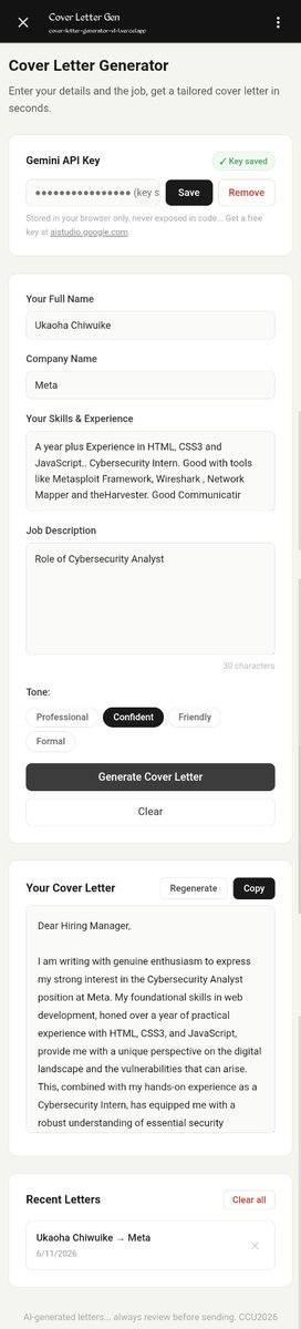 ukaohacc's tweet photo. Tweaked the const prompt from previous build and got this...Cover Letter Generator. Just paste job description and it writes tailored letter in seconds!
Check it out and give feedback 🙏
https://t.co/UqMNH7Px9m
Follow for more👇
 https://t.co/9f9HS7FIAI
#buildinpublic #opensource https://t.co/iZjSbz9cON