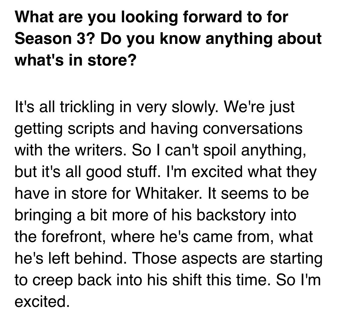 vivithebanshee's tweet photo. Gerran Howell teases Whitaker’s story for S3 and how his backstory will FINALLY come to the forefront.

He also confirms that he did in fact house sit for Robby.. how good of a job he did is yet to be revealed.

(Via https://t.co/AF3qdIEGY5) https://t.co/q89ELucYeu