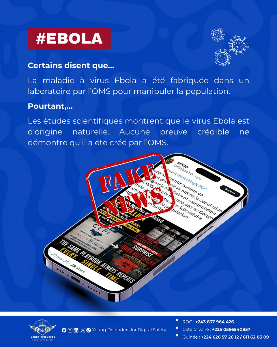 youngdefenders1's tweet photo. ❌ Mythe ou Réalité ?

🦠 « La maladie à virus Ebola a été fabriquée dans un laboratoire par l’OMS pour manipuler la population. »

Attention, cette affirmation est fausse.

La maladie à virus Ebola est une maladie infectieuse qui a été identifiée pour la première fois en 1976 lors d’épidémies survenues en Afrique centrale. Les recherches scientifiques menées depuis plusieurs décennies montrent qu’il s’agit d’un virus d’origine naturelle, transmis à l’être humain à partir d’animaux infectés, puis d’une personne à une autre par contact direct avec les fluides corporels d’une personne malade ou décédée.

Aucune preuve scientifique crédible n’a jamais démontré que le virus Ebola aurait été créé ou fabriqué par l’Organisation mondiale de la Santé. L’OMS joue plutôt un rôle de coordination, de surveillance et d’appui aux pays dans la prévention et la riposte contre les épidémies.

⚠️ La désinformation peut alimenter la peur, la méfiance et compliquer la lutte contre les épidémies. Avant de partager une information, vérifiez toujours sa source auprès d’organismes de santé reconnus.

✅ Protégeons-nous contre les fausses informations en privilégiant les faits scientifiques et les sources fiables. 

#StopDésinformation #Ebola #SantéPublique #VérifiezLesFaits #RDC