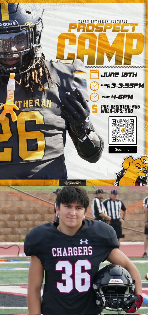 WC2029's tweet photo. 2029 Churchill LB Grant Caywood ready to compete at Texas Lutheran Football Prospect Camp next week! Can not wait to continue growth as a player and leader with the TLU coaches. Hoping to run into some former Charger greats who are now Bulldogs!
#TooLiveU #PupsUp https://t.co/k4Tu8fKWvc