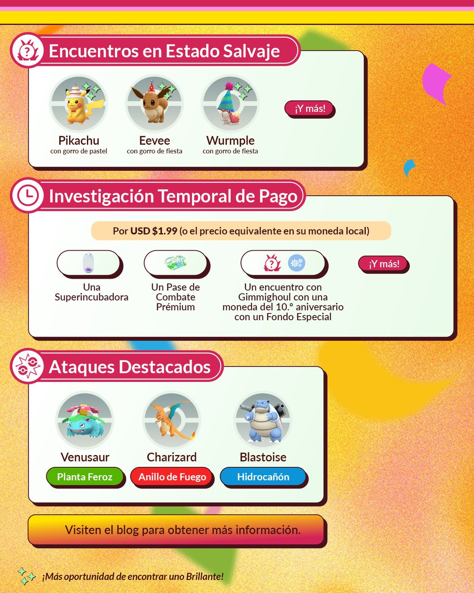 PokemonGoAppLA's tweet photo. ¡Celebren una década de #PokemonGO con Pokémon disfrazados nuevos y conocidos, bonificaciones del evento y más!

Únanse a la Fiesta del 10.º Aniversario del 4 de julio a las 10:00 al 6 de julio a las 20:00 (hora local).

https://t.co/6JMrMsr1Ok https://t.co/g02VCUGTbn