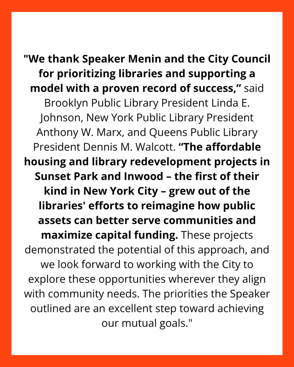 NYCLibraries's tweet photo. "We thank @SpeakerMenin @NYCCouncil for prioritizing libraries and supporting a model with a proven record of success,”— @BKLYNlibrary President Linda E. Johnson, @nypl President Anthony W. Marx, and @QPLNYC President Dennis M. Walcott. https://t.co/gqSSDoo8JV