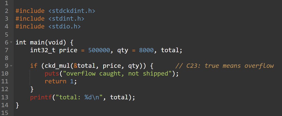 straceX's tweet photo. i somehow missed that C23 added checked integer arithmetic.

would have saved me from writing the same overflow helper for the 20th time. https://t.co/urRg2OFlQ5