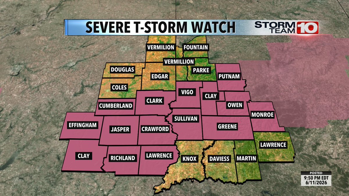 StormTeam_10's tweet photo. A Severe Thunderstorm Watch has been issued for highlighted portions of the Wabash Valley until 6/12 3:00AM EDT.

Stay with #StormTeam10 for the latest information. https://t.co/guSLaktliu