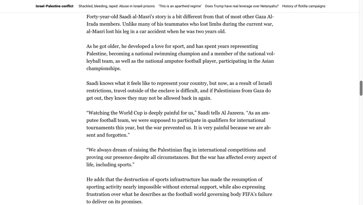 AbubakerAbedW's tweet photo. Imagine European players losing their limbs and wishing to represent their national teams on the international stage. What would the reaction to it be like?

Utterly horrific read. Football fans and journalists must read this.

Israel has destroyed 51/54 clubs and 9/10 stadiums in Gaza.