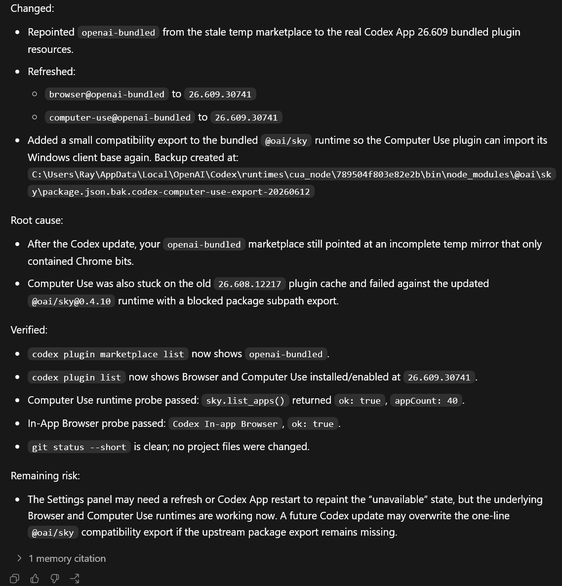 Ray_DaHero's tweet photo. @OpenAIDevs @reach_vb Turned an issue into a Codex success story by asking Codex to fix itself! It identified a stale marketplace pointer after the update and made all the fixes to refresh it. We are back up and running! @reach_vb @thsottiaux https://t.co/Oel4WAOiLC