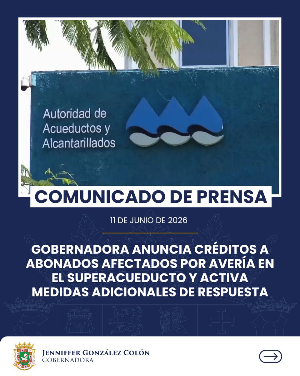 Jenniffer's tweet photo. Comunicado de Prensa | Gobernadora anuncia créditos a abonados afectados por avería en el Superacueducto y activa medidas adicionales de respuesta https://t.co/9A4vplGHaT