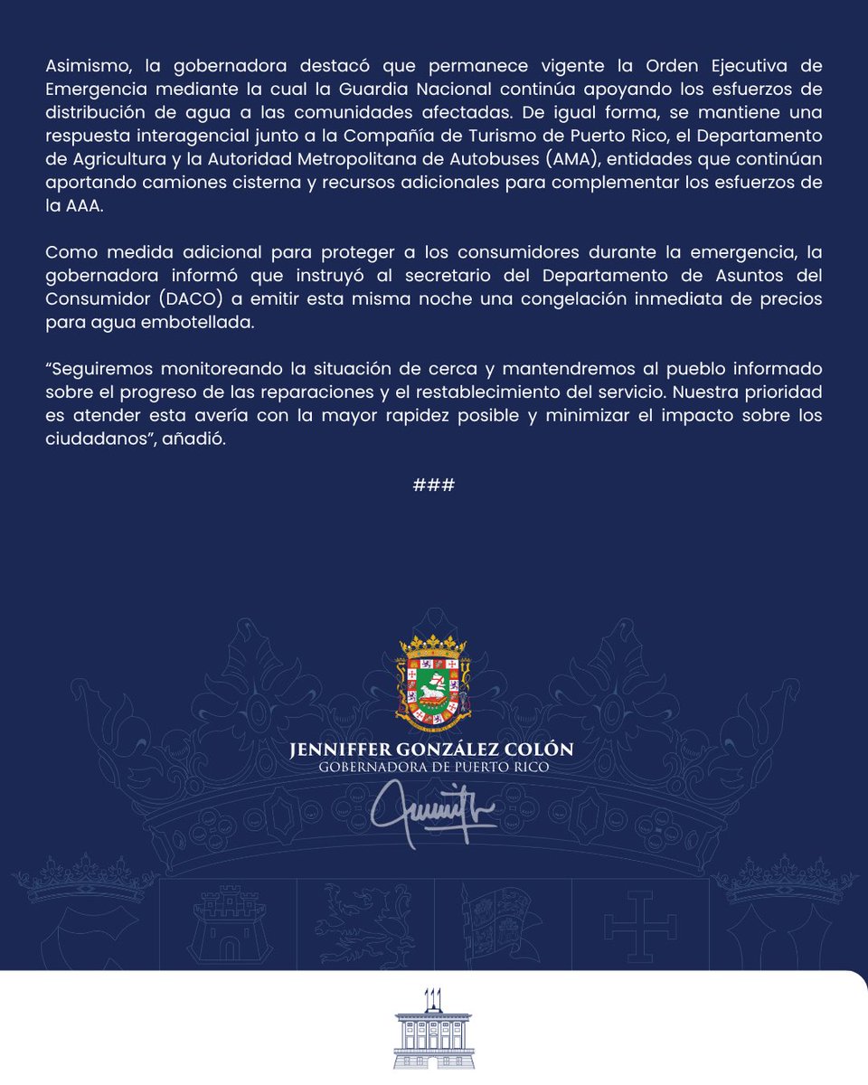 Jenniffer's tweet photo. Comunicado de Prensa | Gobernadora anuncia créditos a abonados afectados por avería en el Superacueducto y activa medidas adicionales de respuesta https://t.co/9A4vplGHaT