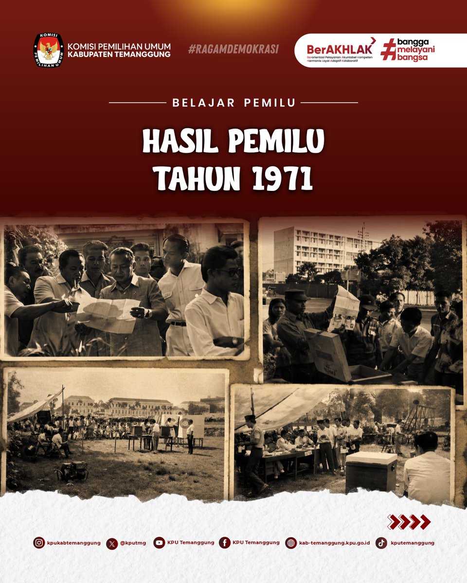 kputmg's tweet photo. Tahukah #TemanPemilih Pemilu Tahun 1971 merupakan pemilu pertama yang diselenggarakan pada era Orde Baru dan menjadi salah satu tonggak penting dalam perjalanan demokrasi Indonesia

#kputemanggung
#kpumelayani
#belajarpemilu https://t.co/dRLmgSBRmP