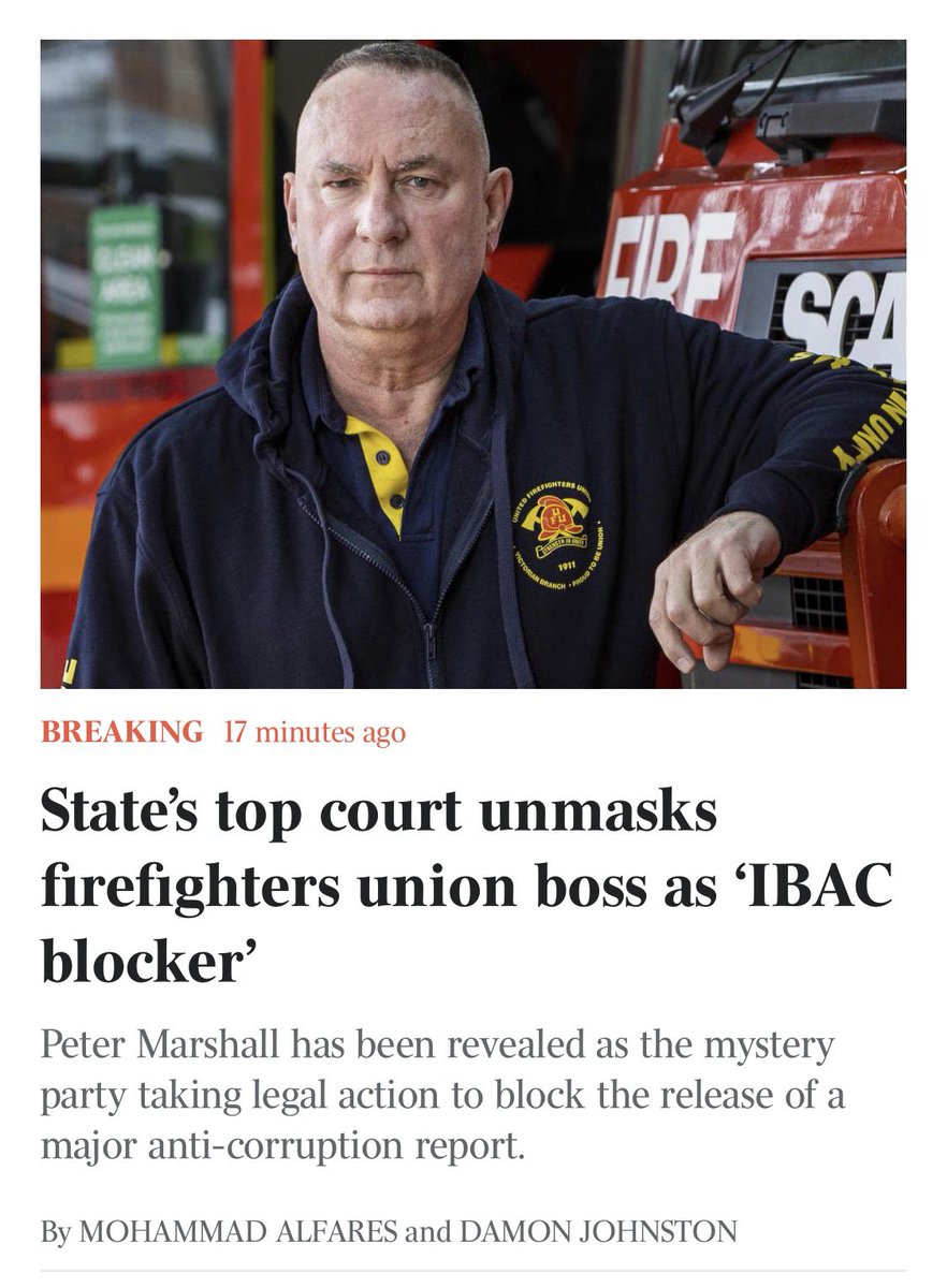 RositaDaz48's tweet photo. Union chief Peter Marshall has been unmasked by Victoria’s highest court as the mystery party taking legal action to block the release of a major anti-corruption report by IBAC.
Chief Justice Richard Niall, in dismissing the appeal, said; “It is the decision of this court no error has been found. Indeed, her honours decision was correct.”
The Australian can also reveal that the identity of the second mystery party attempting to sto the release of a report into IBAC’s Operation Richmond is the union Mr Marshall runs, the United Firefights Union.