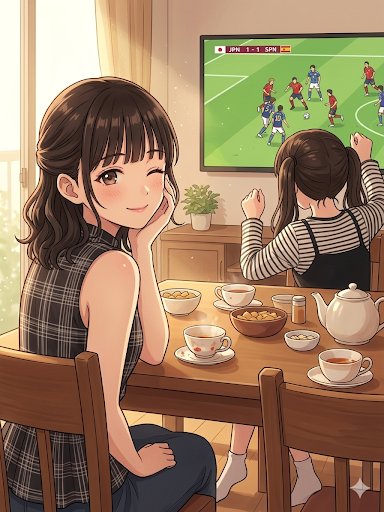 windytaka's tweet photo. 隙を突いて愛情表現😳
#AIイラスト #妄想日記 #W杯 
妹はワールドカップに熱中
彼女はオレにねっチュー😚

彼女はオシャレ番長😆
https://t.co/SLGMP2cMTy https://t.co/Eao8HvwZWJ