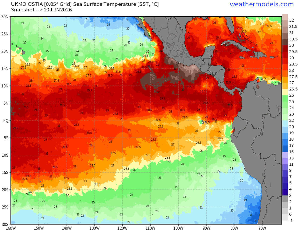 RyanWeather's tweet photo. Eastern Equatorial Pacific flips between cool and warm ... ranging from 23°C to 28°C around the Galapagos Islands 

El Niño vs. La Niña ... each poses stresses/challenges to global + regional climate.  Neither are "bad" just a natural oscillation.  

June 10: 2026 vs. 2025 https://t.co/Jw4tybZvX8