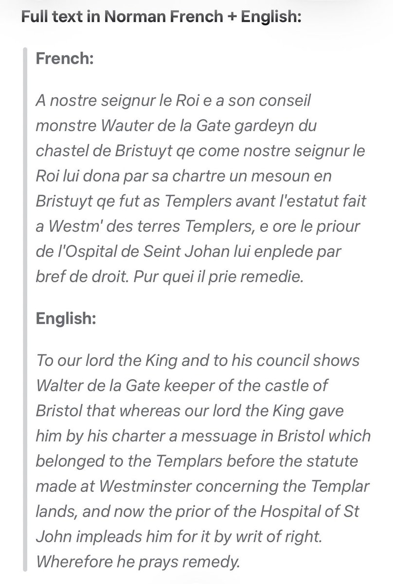 sirmichaelgates's tweet photo. Gates Templar ancestry 1324. 

TNA SC 8/35/1707 — Ancient Petition of Walter de la Gate
Chancery  

Date: c. 1324, during Parliament at Westminster  

Petitioner: Walter de la Gate, gardeyn du chastel de Bristuyt —keeper of Bristol Castle 

Coram Rege—to be heard before the King https://t.co/CfKQcwvm9n