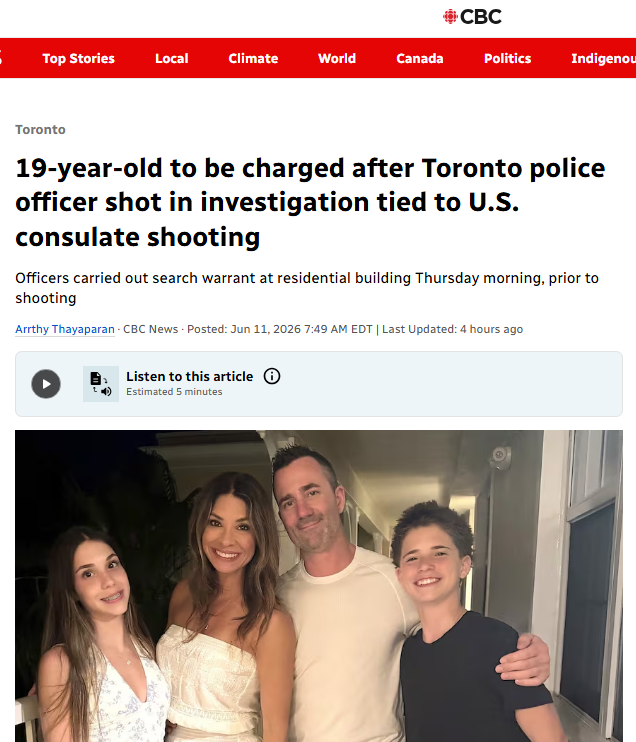 cbcwatcher's tweet photo. CBC's top story on the killing of Toronto Police Const. Marc Pinizzotto is a disgraceful whitewash

A dedicated 43-year-old father and 18-year veteran of the Emergency Task Force was gunned down at 5:40 a.m. today executing a search warrant. He died protecting Canadians from suspects tied directly to the March shooting at the U.S. Consulate — and linked synagogue attacks

Yet CBC's headline framing barely whispers the real story. No mention that U.S. prosecutors tied the consulate attack to an Iran-backed terror network — specifically operatives directed by a senior Kata'ib Hezbollah figure with IRGC ties. This wasn't random GTA violence. It was part of a coordinated campaign of nearly 20 attacks across North America and Europe, retaliation tied to Iran

One suspect, 19-year-old Zara Jabbi (still armed and at large), is wanted for his role in the consulate vehicle and shooting. Another, Nicholas Bennett, opened fire on police and now faces first-degree murder charges

This officer's blood is on the altar of foreign proxy terror operating on Canadian soil — and CBC chose to omit the Iran financing, the terror cell connections, and the broader national security threat. Why? The same outlet that secured rare regime-approved embeds its reporter inside Iran, complete with their restrictions. Their pattern of soft-pedaling Iranian threats while Canadian cops and Jewish communities pay the price is glaring

Enough. A hero is dead because authorities had to raid addresses linked to state-sponsored hits on our allies' consulate and our synagogues. Canadians deserve the unfiltered truth — not sanitized headlines that shield foreign aggressors and erode public trust

Const. Marc Pinizzotto's sacrifice demands accountability, not omissions. Catching the remaining suspect. Securing our streets from imported terror. And demand better from the CBC

May Const. Marc Pinizzotto rest in peace
