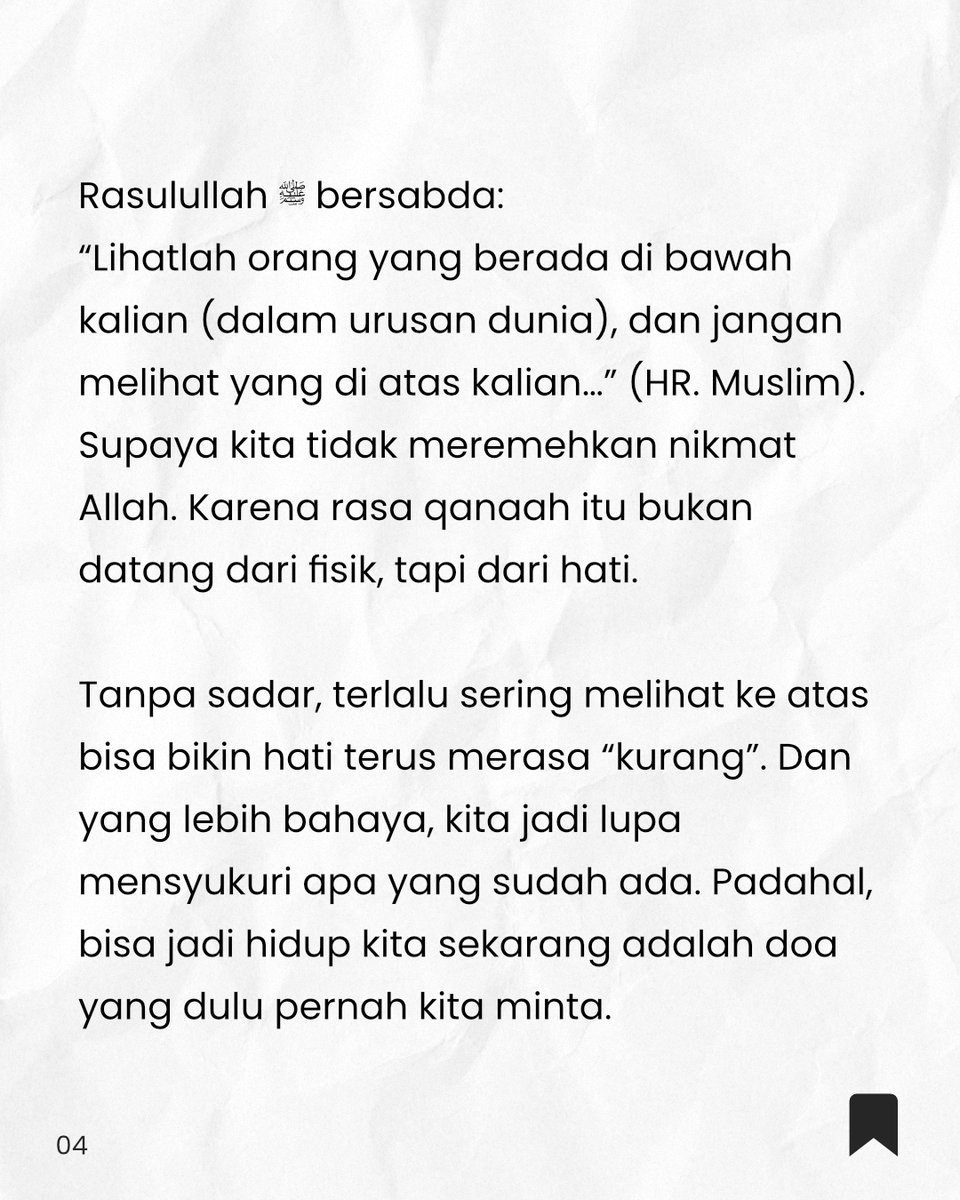 bimbingan_islam's tweet photo. Qanaah itu bukan berarti berhenti berusaha,
tapi tetap tenang saat hasil belum sesuai harapan.
Allah berfirman:
“Jika kalian bersyukur, niscaya Aku akan menambah (nikmat) kalian.” (QS. Ibrahim: 7)
Jadi, mungkin yang perlu kita perbaiki bukan hidupnya, tapi cara kita melihatnya. https://t.co/r6cERjwEq4