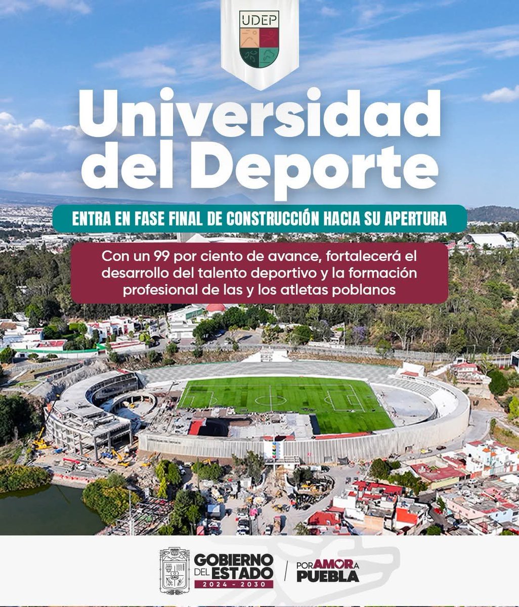 JLG_PARRA's tweet photo. #Puebla está construyendo el futuro de sus atletas. 🏟️

La @UDEP_Puebla registra un 99% de avance y se prepara para recibir a una nueva generación de deportistas de alto rendimiento. 🏅

Con el impulso de @armentapuebla_, seguimos apostando por el deporte como camino de desarrollo y oportunidades para las juventudes poblanas. 🙌🏼

#PorAmorAPuebla
#PensarEnGrande