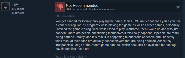 HasPotatoAim's tweet photo. @Pupsker Watch the reviews on that one, lots of people saying they're getting a game ban on their Steam account for no reason. https://t.co/hV4GeafgUP