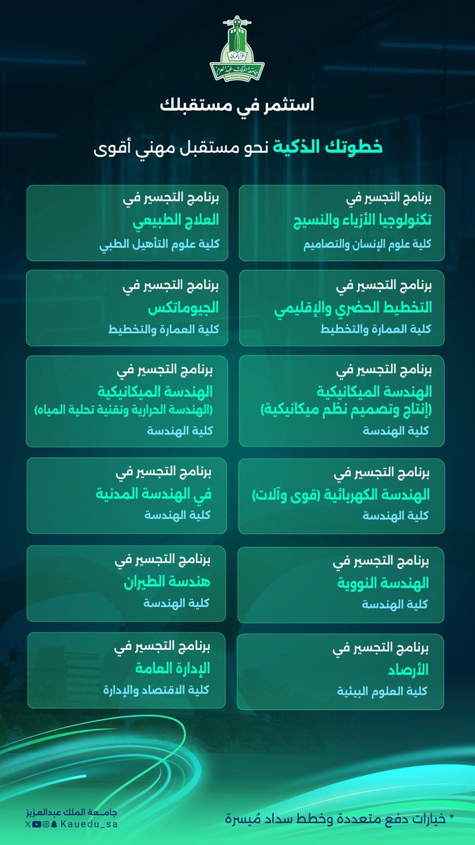 skaau_com's tweet photo. 🚨 هام [ التجسير ] 

اعلنت #جامعة_الملك_عبدالعزيز عن القبول في برامج (التجسير) للفصل الدراسي الاول ١٤٤٨هـ برسوم دراسية. 

🔛 يبدأ التسجيل :
🗓️ الاحــد ٢٨-١٢-١٤٤٧هـ
◻️ الموافق 14-6-2026

🔚 ينتهي التقديم
🗓️ الاثـنيـن ٠٧-٠١-١٤٤٨هـ
◻️ الموافق 22-6-2026

📋 اعلان النتائج 
🗓️ الأربعاء ٠٨-٠٢-١٤٤٨هـ
◻️ الموافق 22-7-2026

📝 للتقديم:
📎 https://t.co/P6z8BkwDwK

#سكاو