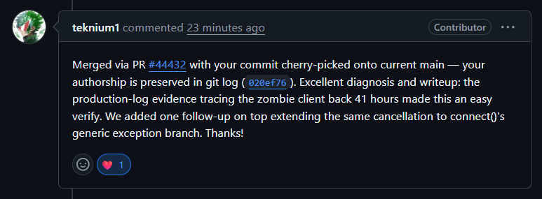deaneeth_'s tweet photo. Just got my first open source contribution merged into Hermes.🎉
Traced a Discord zombie client bug through 41 hours of prod logs, wrote the fix, PR accepted.  
Joined as a contributor now! Thank you @Teknium @NousResearch https://t.co/HqfnZN4fkl
