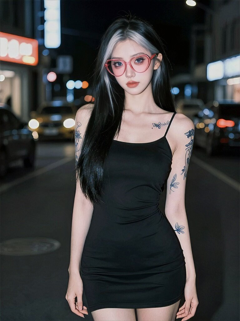 NormieGirls's tweet photo. Woman in a sleek black dress and red glasses, butterfly tattoos on display, posing on a neon-lit city street at night. https://t.co/NQnS0VQjWP