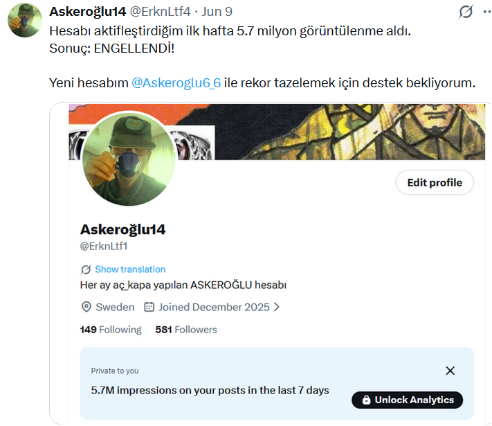 Askeroglu6_6's tweet photo. Türkiye'de yargı ne kadar hızlı görün! 
Salı gün açılan hesap perşembe günü mahkeme kararıyla engelleniyor!

Açılış haftasında 5.7 milyonluk izlenme rekorumu egale etmemden korktular sanırım:)) 
#10YıllıkKHKGerçeği https://t.co/EiKqsrMVwW
