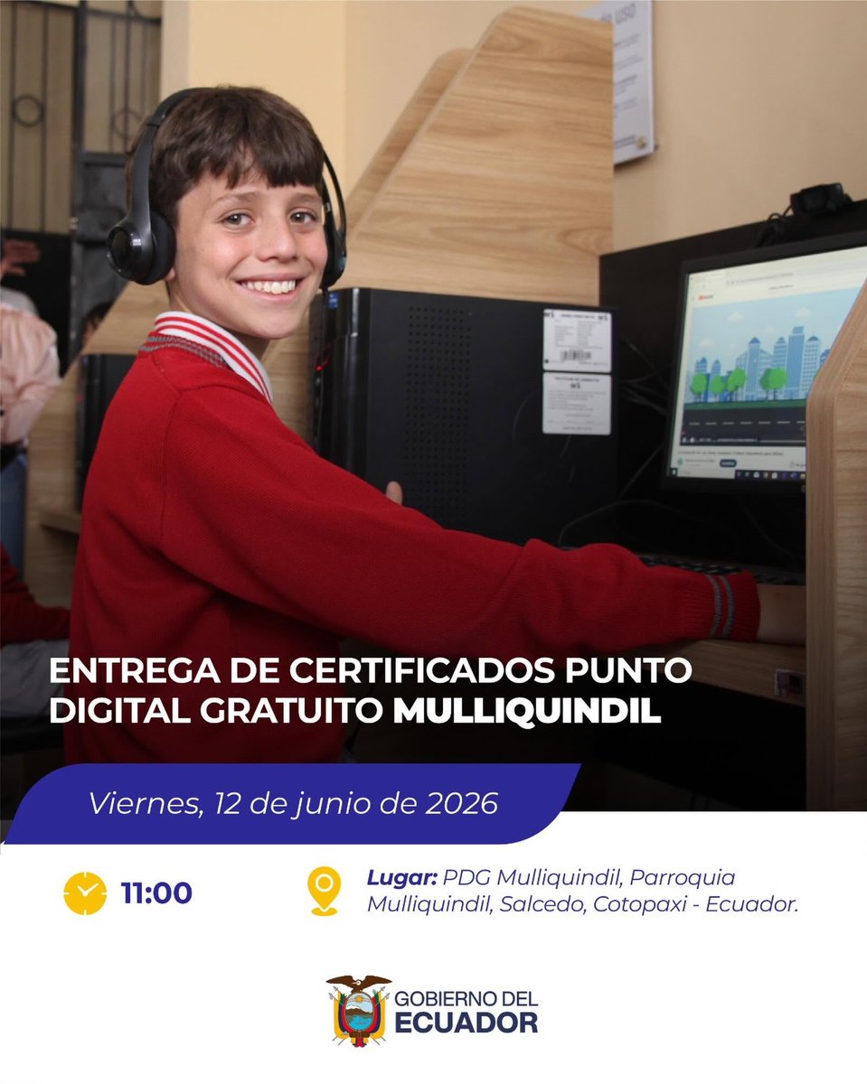 ChicoLlano's tweet photo. 📅 12 de junio de 2026
⏰ 11:00
📍 PDG Mulliquindil, parroquia Mulliquindil, Salcedo - Cotopaxi
#GobiernoDelEcuador #MintelConecta 💻 https://t.co/zXE6uXQyc1