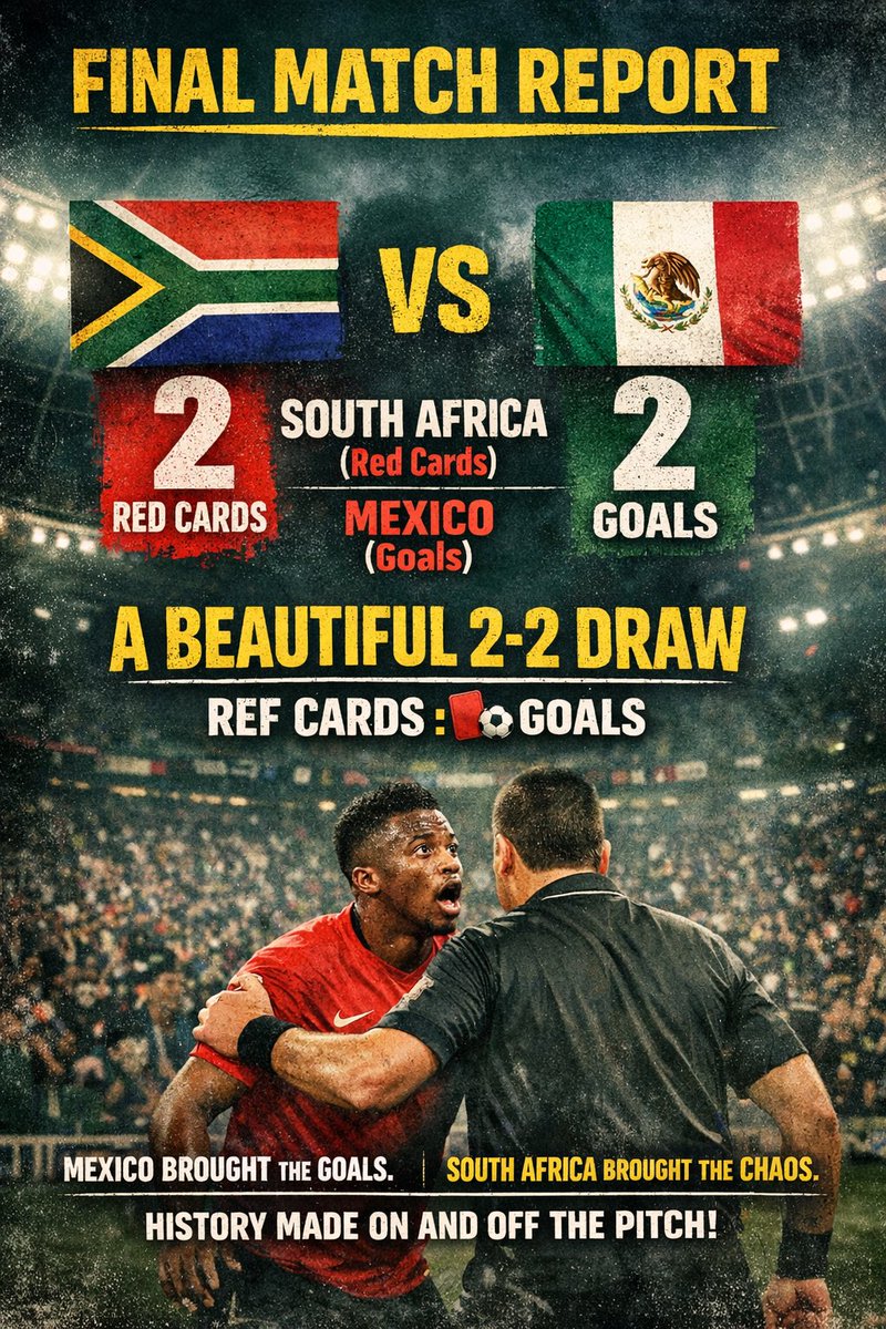 smbingo's tweet photo. A truly historic 2–2 draw, where South Africa matched Mexico blow for blow — not on the scoreboard, but in the referee’s notebook.
Mexico brought the goals. South Africa brought the chaos.
Full Time: ⚽ Goals: Mexico 2 🟥 Red Cards: RSA 2
A beautiful draw — Red Cards 🤝 Goals. https://t.co/8N8zKRczDQ